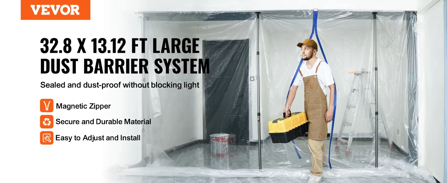 VEVOR dust barrier system with magnetic zipper, secure material, and easy installation setup.