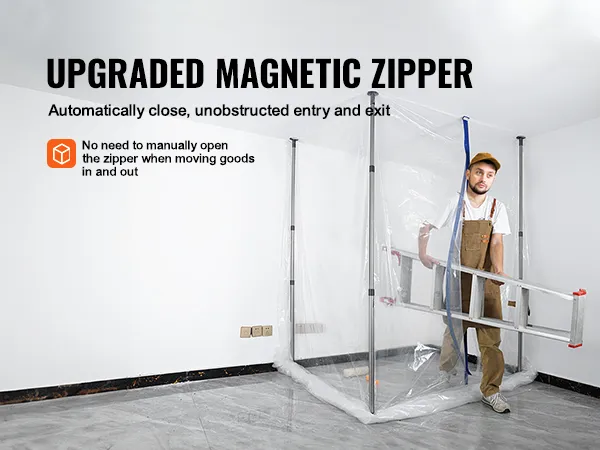 VEVOR dust barrier system with upgraded magnetic zipper allowing easy entry while carrying a ladder.