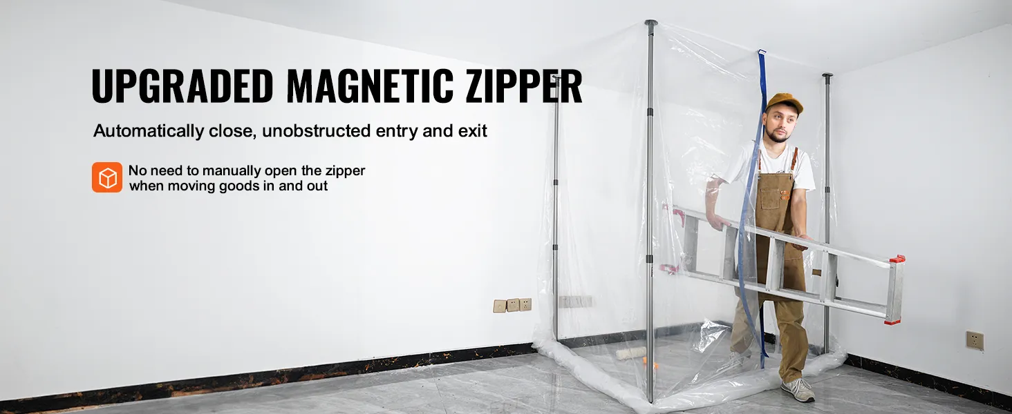 VEVOR dust barrier system with upgraded magnetic zipper allowing easy entry while carrying a ladder.