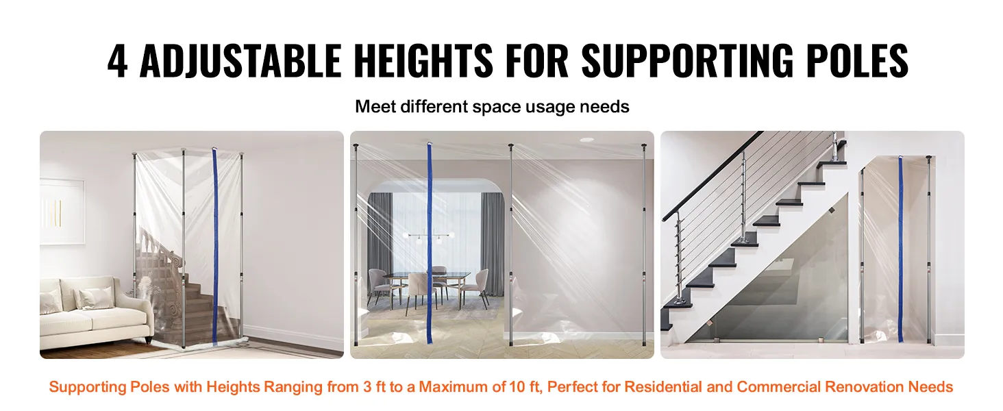 VEVOR dust barrier system with 4 adjustable heights for supporting poles in various room setups.