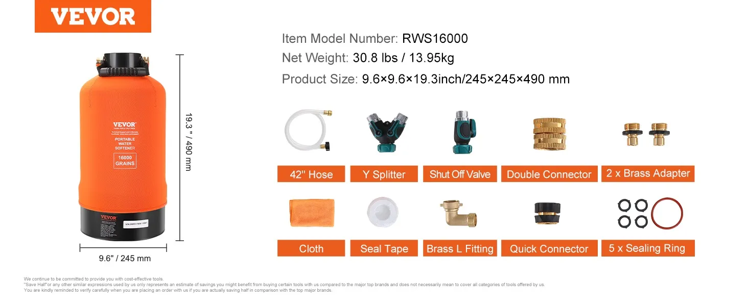 VEVOR rv water softener with 16,000 grains, 42" hose, y splitter, shut off valve, and brass fittings.