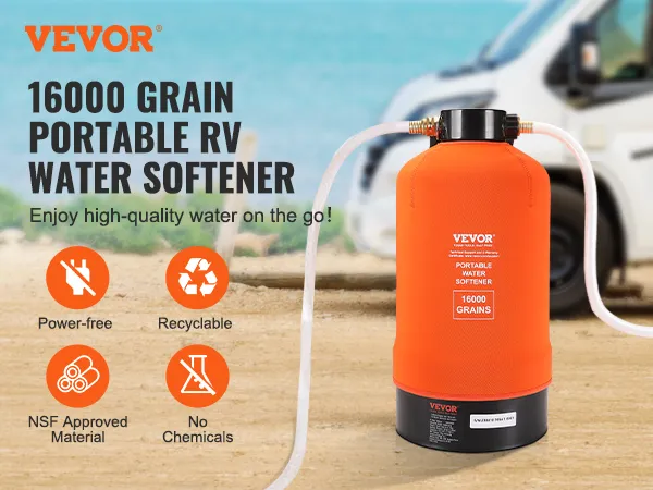VEVOR rv water softener at beachside with text highlighting features: power-free, recyclable, no chemicals.