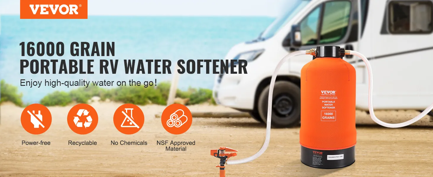 VEVOR rv water softener at beachside with text highlighting features: power-free, recyclable, no chemicals.