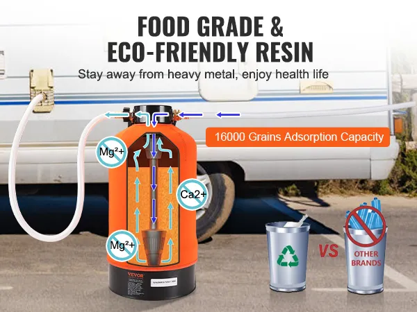 VEVOR rv water softener with food-grade resin and 16000 grains adsorption capacity, eco-friendly.