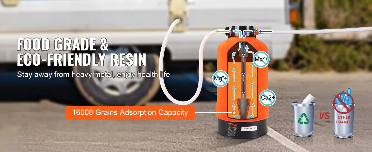 VEVOR rv water softener with food-grade resin and 16000 grains adsorption capacity, eco-friendly.