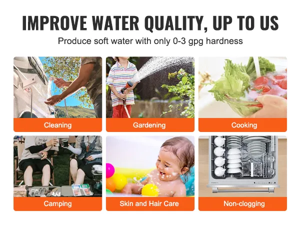 improve water quality with VEVOR rv water softener for cleaning, gardening, cooking, camping, skin care, and non-clogging.