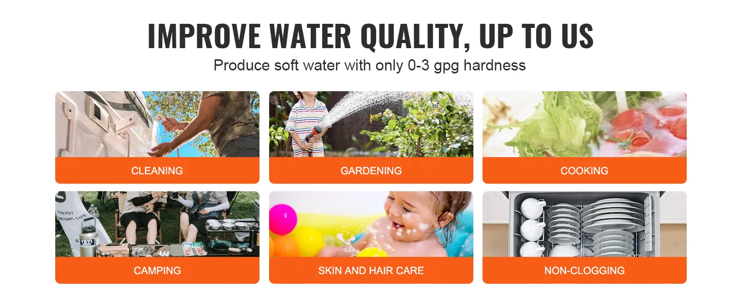 improve water quality with VEVOR rv water softener for cleaning, gardening, cooking, camping, skin care, and non-clogging.