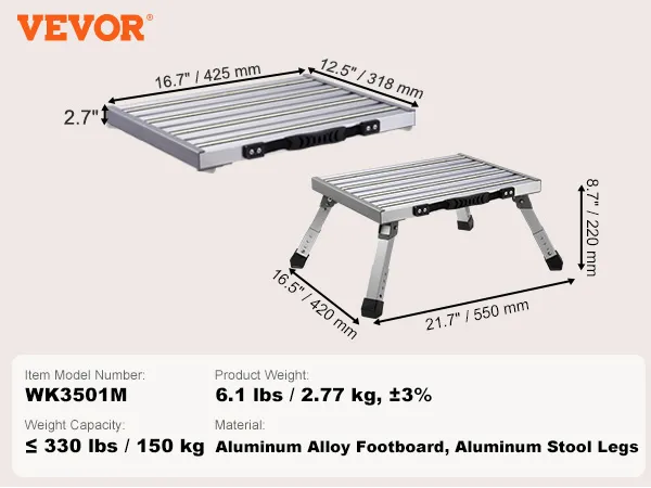 VEVOR rv steps, model wk3501m, 330 lbs capacity, weight 6.1 lbs, adjustable footboard height.