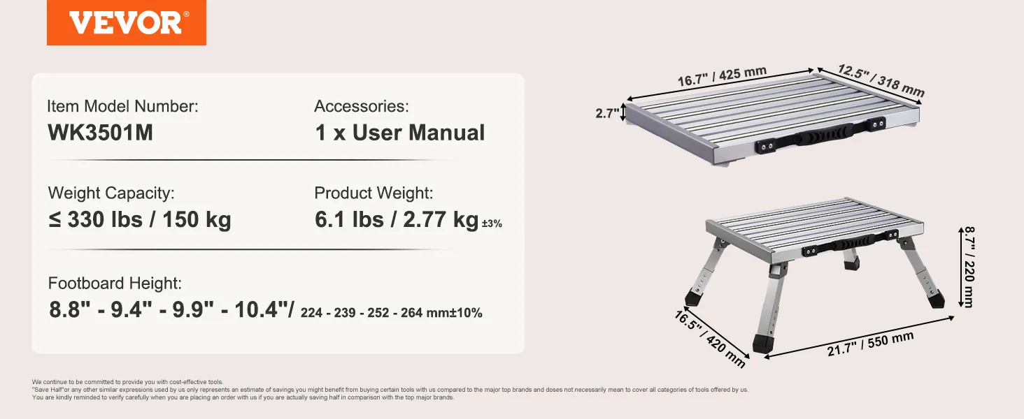 VEVOR rv steps, model wk3501m, 330 lbs capacity, weight 6.1 lbs, adjustable footboard height.
