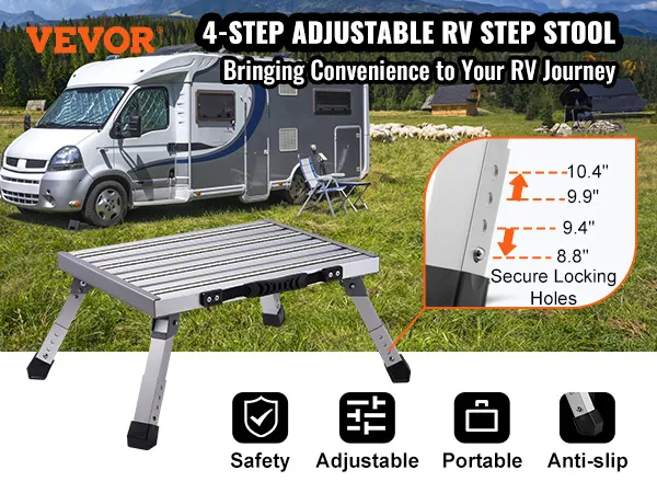 VEVOR rv steps: 4-step adjustable step stool shown against an rv in the countryside.