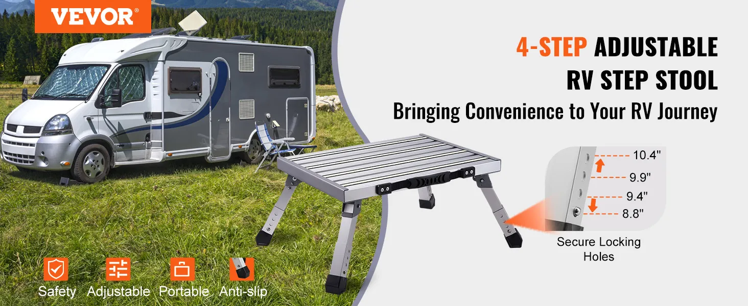 VEVOR rv steps: 4-step adjustable step stool shown against an rv in the countryside.