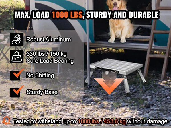 VEVOR rv steps: max load 1000 lbs, robust aluminum, sturdy base, safe load bearing. dog in camper van.