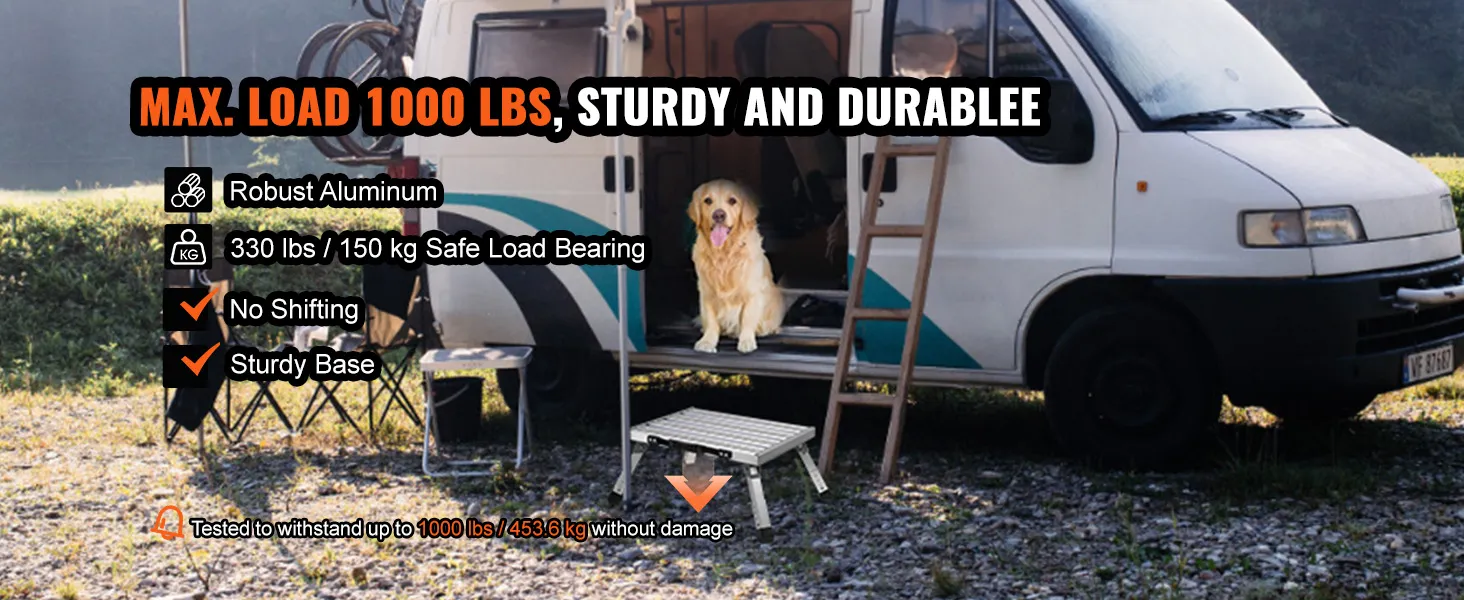 VEVOR rv steps: max load 1000 lbs, robust aluminum, sturdy base, safe load bearing. dog in camper van.