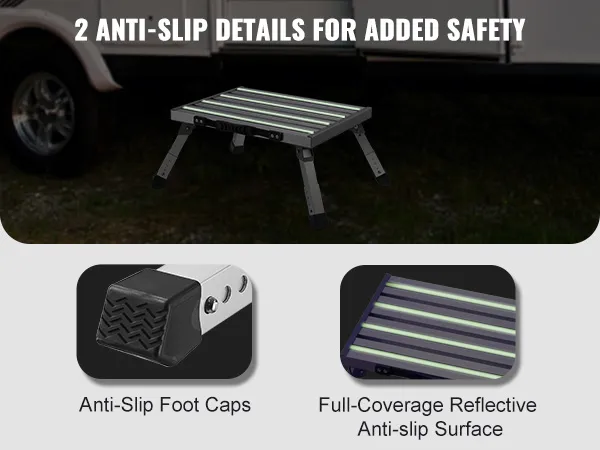 VEVOR rv steps with anti-slip foot caps and a full-coverage reflective anti-slip surface beside an rv.