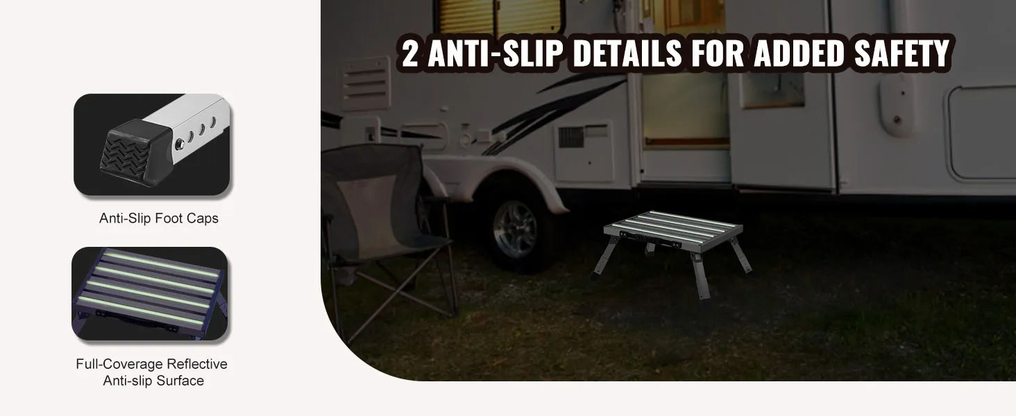 VEVOR rv steps with anti-slip foot caps and a full-coverage reflective anti-slip surface beside an rv.