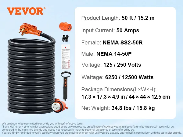 Cable de alimentación para RV VEVOR de 50 pies, 50 amperios, nema ss2-50r y 14-50p, 125/250v, 6250/12500w, 34,8 lbs/15,8 kg.