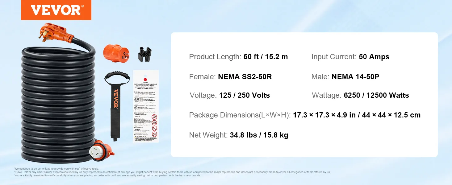 Cable de alimentación para RV VEVOR de 50 pies, 50 amperios, nema ss2-50r y 14-50p, 125/250v, 6250/12500w, 34,8 lbs/15,8 kg.