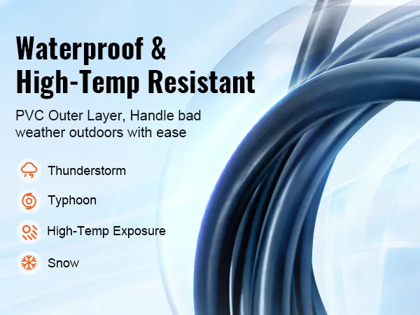 Cable de alimentación VEVOR RV impermeable, resistente a altas temperaturas, capa exterior de PVC para condiciones climáticas adversas: tormentas eléctricas, tifones, exposición a altas temperaturas, nieve.