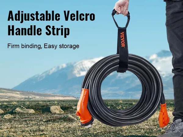 Cable de alimentación VEVOR rv con tira de velcro ajustable para un fácil almacenamiento con un fondo de montaña.