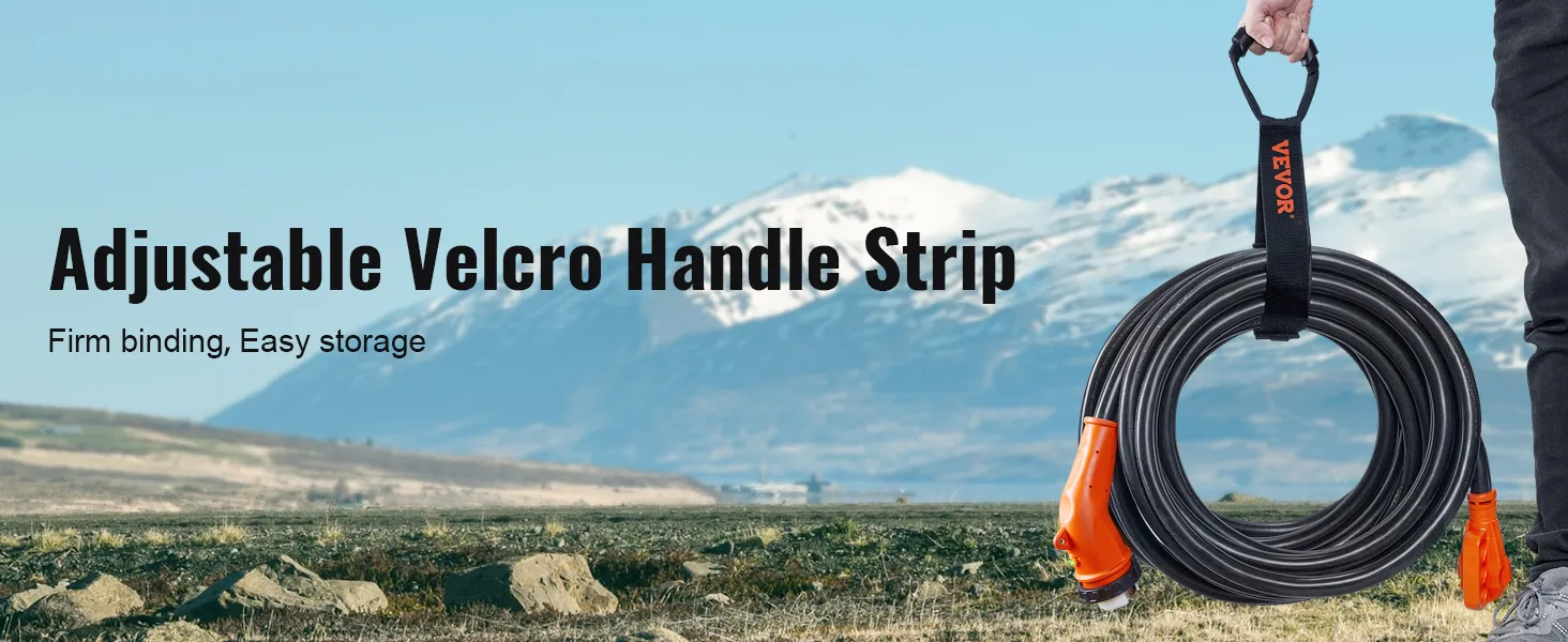 Cable de alimentación VEVOR rv con tira de velcro ajustable para un fácil almacenamiento con un fondo de montaña.