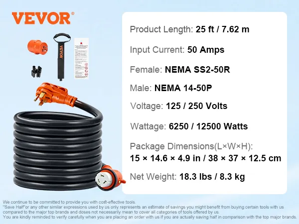 VEVOR rv power cord features a 25 ft length, 50 amps, nema connectors, and 125/250 volts capacity.