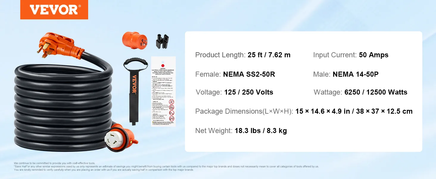VEVOR rv power cord features a 25 ft length, 50 amps, nema connectors, and 125/250 volts capacity.