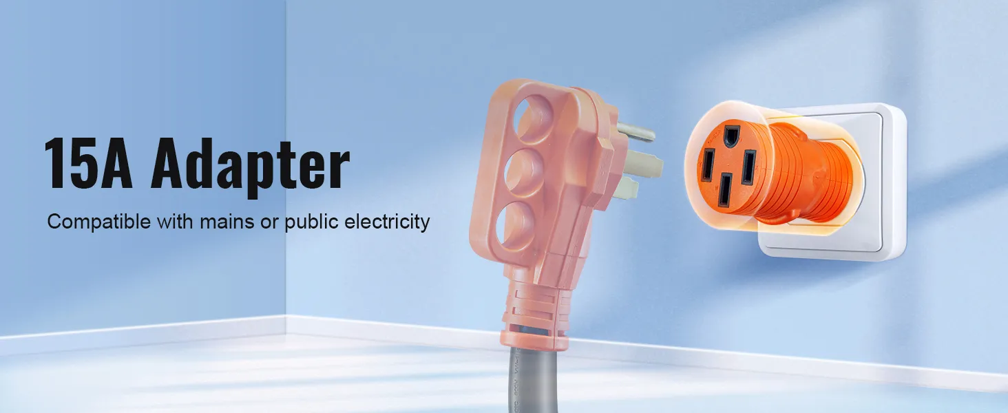 15a adapter plug connected to wall socket, suitable for VEVOR rv power cord, with text detailing compatibility.