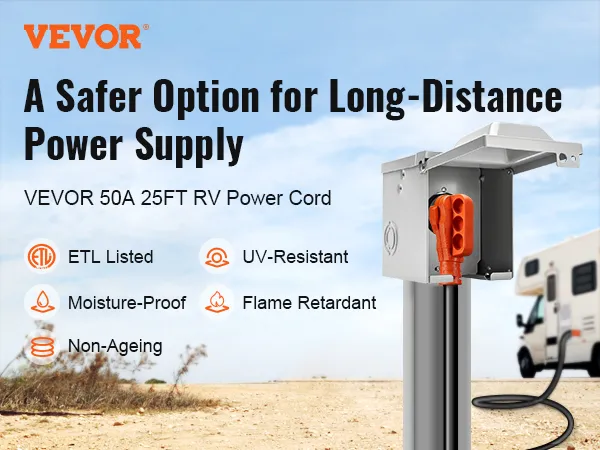 VEVOR rv power cord ad showing a 50a 25ft cord connected to an rv, highlighting safety features.
