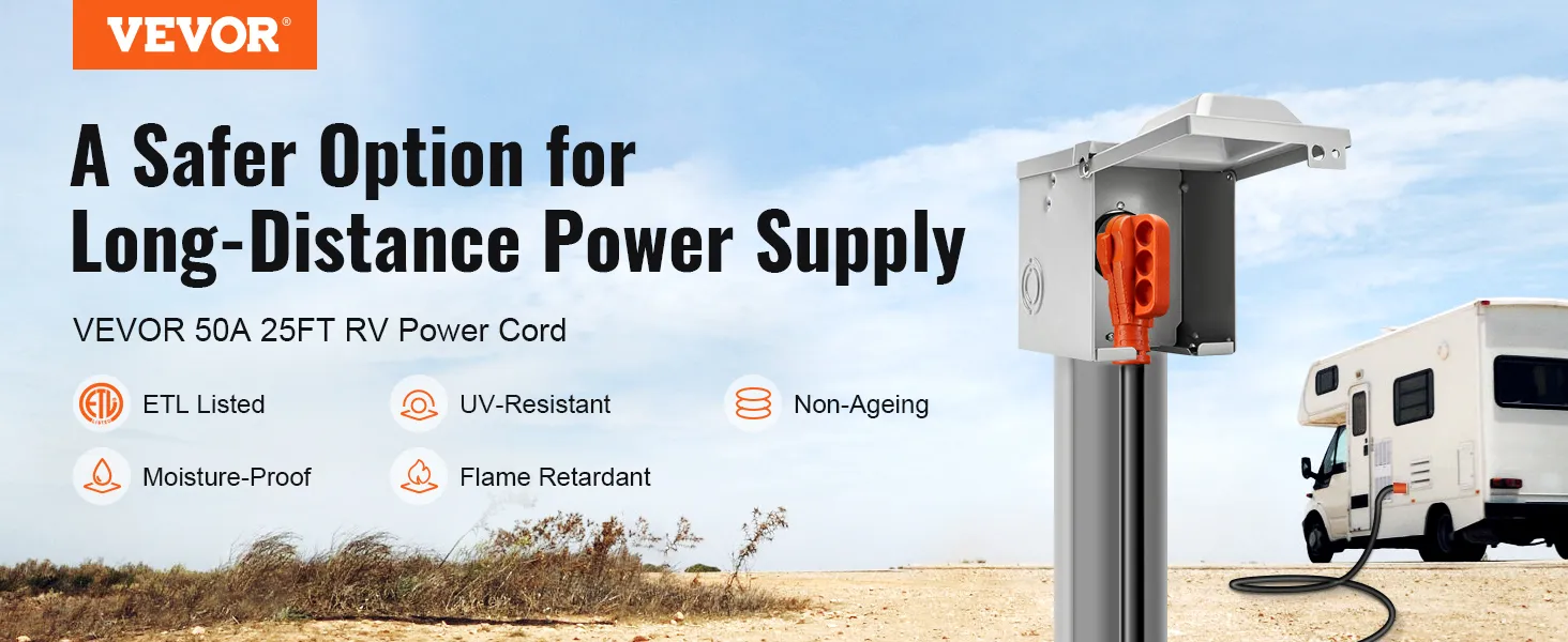 VEVOR rv power cord ad showing a 50a 25ft cord connected to an rv, highlighting safety features.