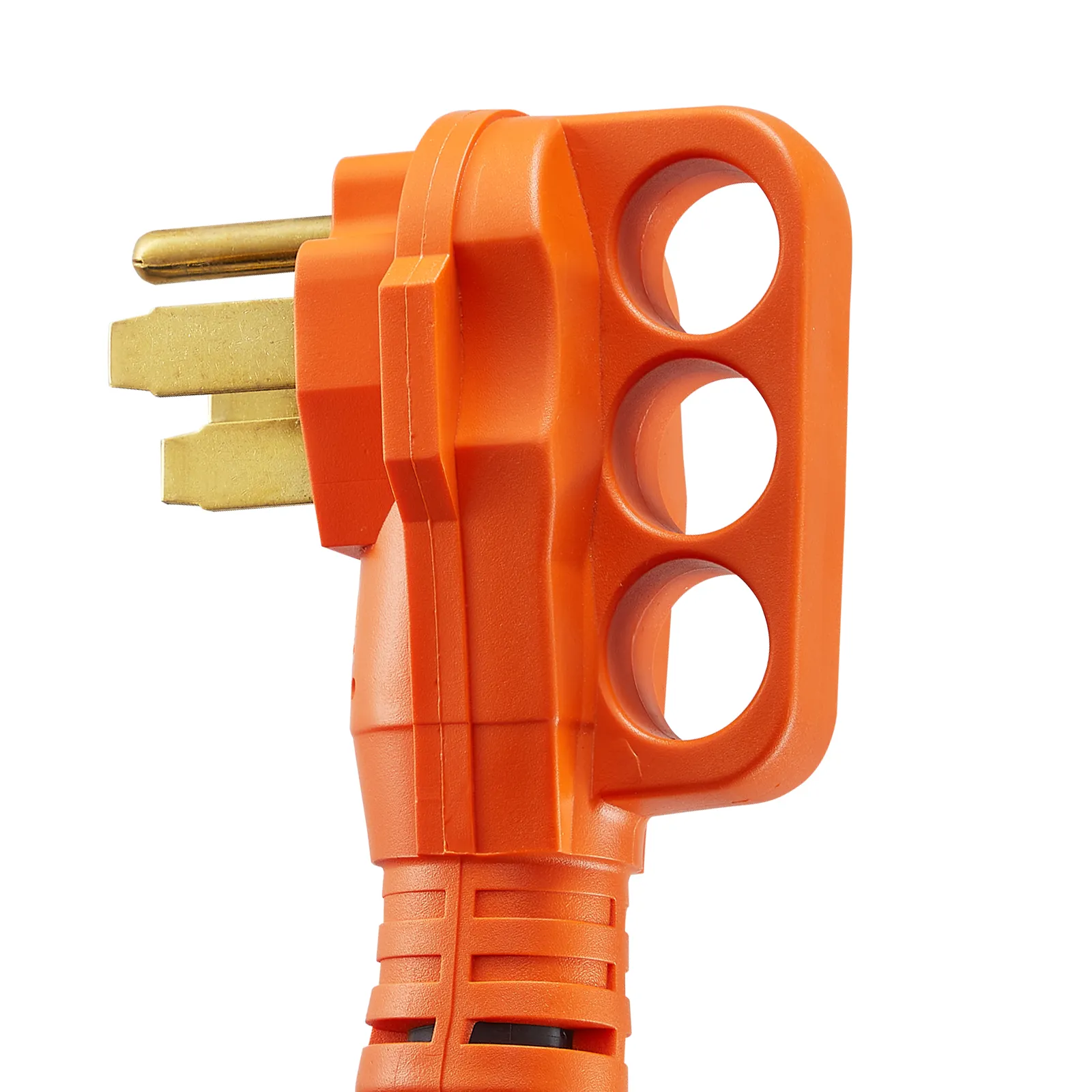orange VEVOR rv power cord with three prongs and handle.