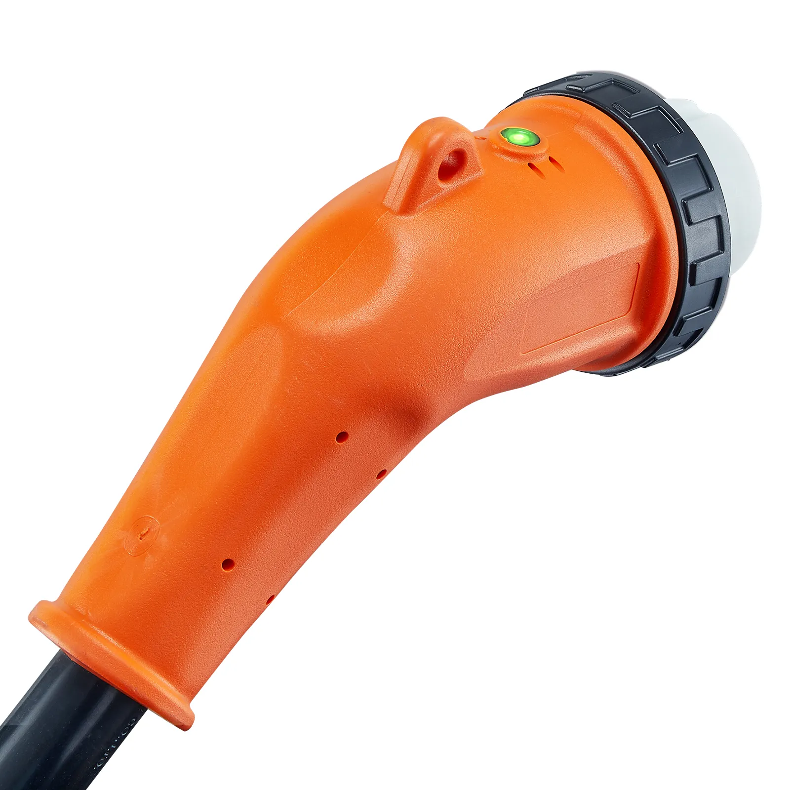 orange plug with a black ring and green light on a VEVOR rv power cord.