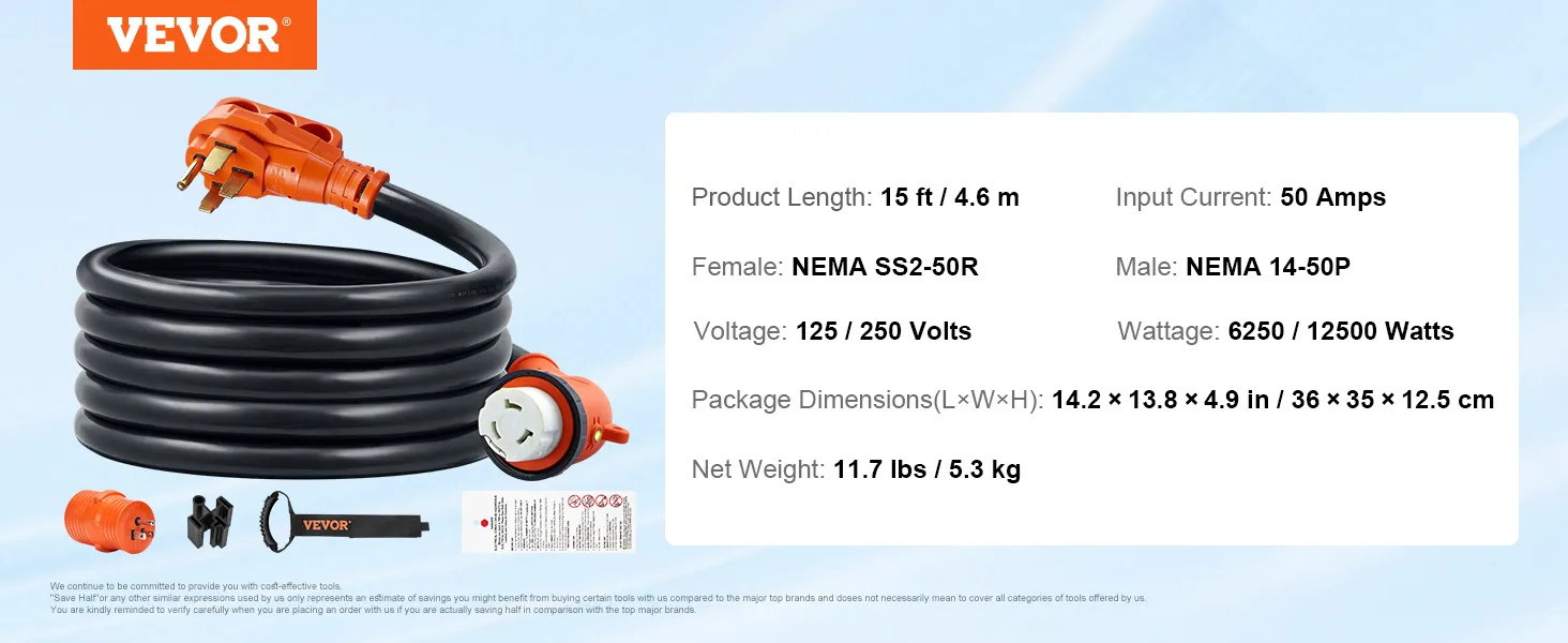 Cable de alimentación VEVOR rv, 15 pies, 50 amperios, nema ss2-50r, nema 14-50p, 125/250 voltios, 6250/12500 vatios.