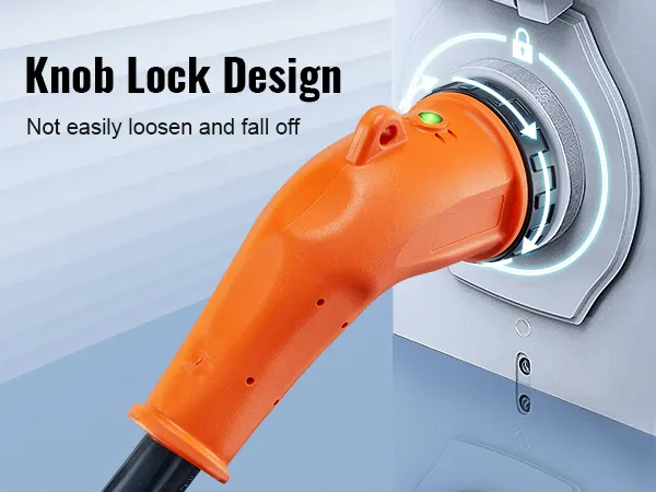 Cable de alimentación VEVOR rv naranja con diseño de bloqueo de perilla, conectado de forma segura a una toma de corriente.