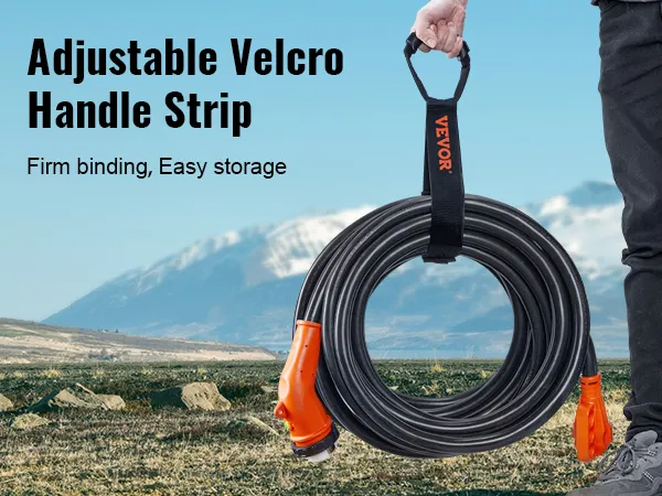 Cable de alimentación VEVOR rv con tira de velcro ajustable, unión firme y fácil almacenamiento con fondo de montaña.