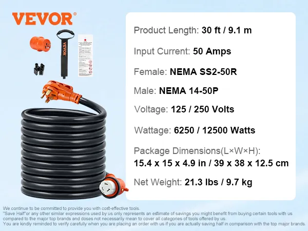 Cable de alimentación VEVOR rv 50a, 30 pies de largo, 125/250v, nema ss2-50r y nema 14-50p, 6250/12500w.