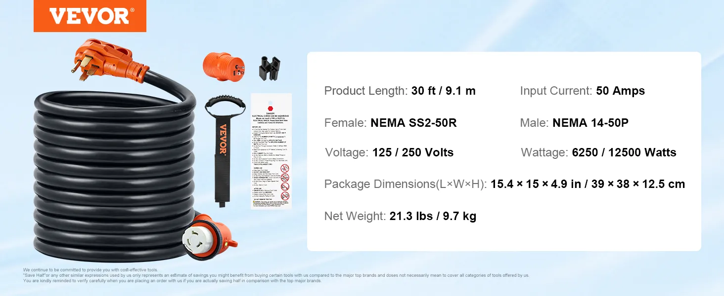 Cable de alimentación VEVOR rv 50a, 30 pies de largo, 125/250v, nema ss2-50r y nema 14-50p, 6250/12500w.