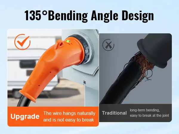 Cable de alimentación VEVOR rv de 50 A con diseño de ángulo de curvatura de 135°, función de actualización frente a los diseños tradicionales.