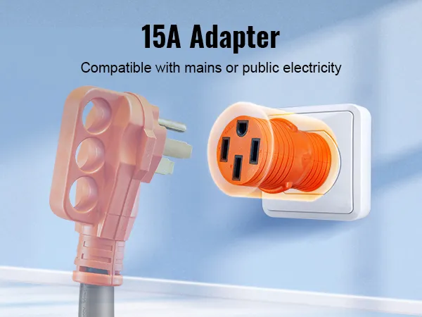 Adaptador de 15a en color naranja, enchufable a toma de pared blanca, compatible con red eléctrica o pública.