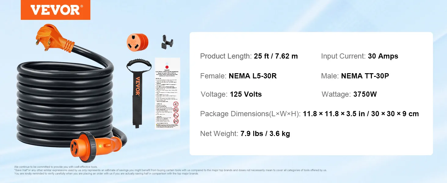 Cable de alimentación VEVOR rv, 25 pies, 30 A, NEMA L5-30R a NEMA TT-30P, 125 V, 6250 W, incluye accesorios.