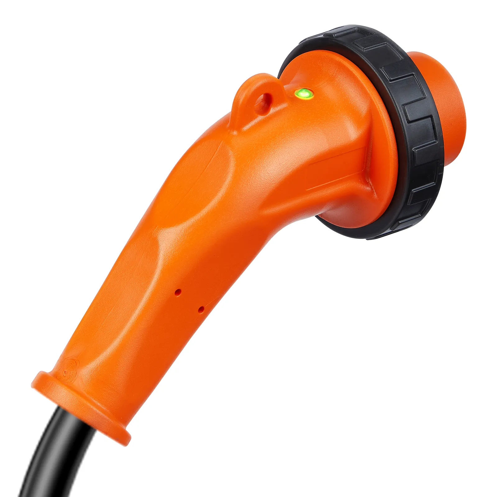 Extremo del enchufe naranja de un cable de alimentación de RV VEVOR con un indicador LED verde.