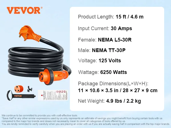 Cable de alimentación para RV VEVOR de 15 pies, 30 amperios, NEMA L5-30R a NEMA TT-30P, 125 V, 6250 W, 4,9 libras, dimensiones del paquete.