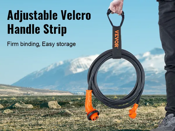 Cable de alimentación para vehículos recreativos VEVOR de 15 pies con tira de velcro ajustable colocada sobre un fondo de montaña pintoresco.