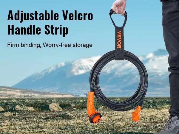 Cable de alimentación para vehículos recreativos VEVOR de 15 pies con tira de velcro ajustable colocada sobre un fondo de montaña pintoresco.