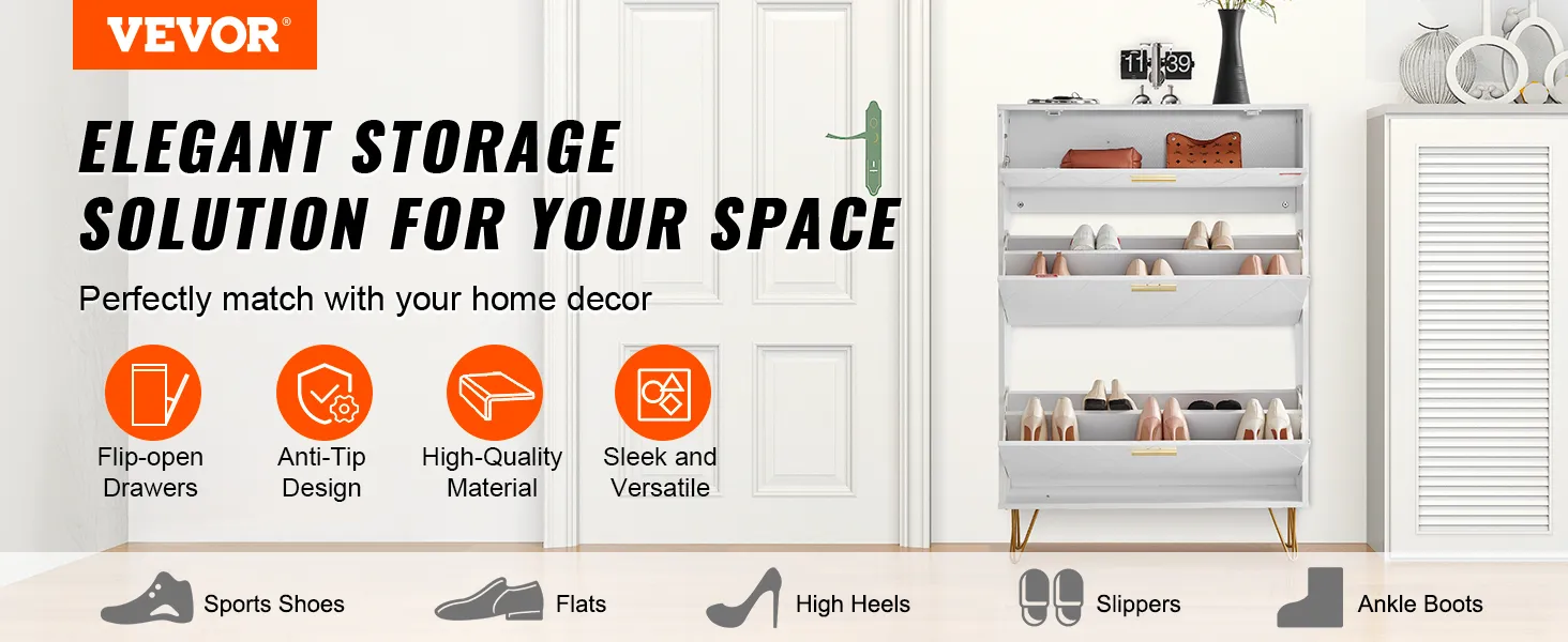Zapatero VEVOR con cajones abatibles, diseño elegante y versátil, perfecto para organizar el calzado.