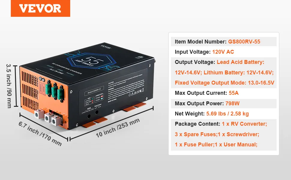Convertidor VEVOR rv de 55 amperios, 120 V CA, salida de 55 A, dimensiones 10 x 6,7 x 3,5 pulgadas, potencia máxima de 798 W.