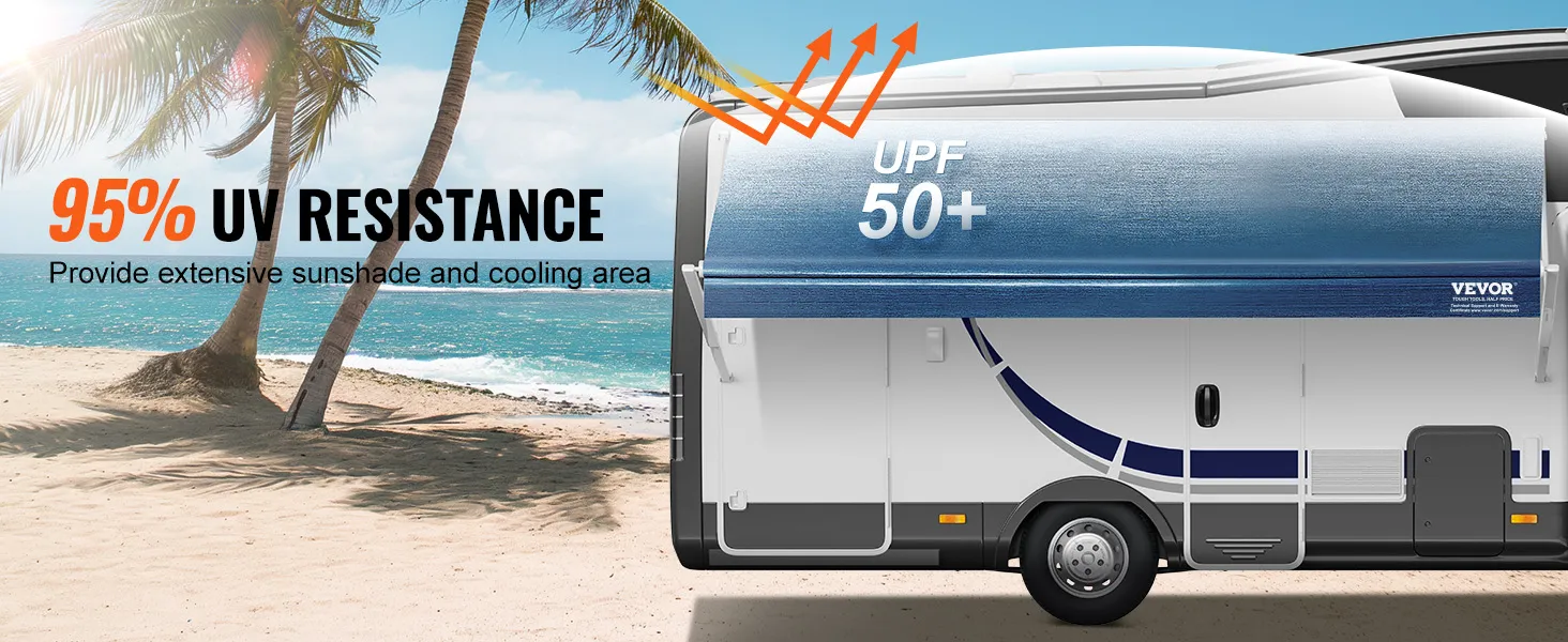 Toldo de repuesto VEVOR para vehículos recreativos que ofrece un 95 % de resistencia a los rayos UV y un factor de protección solar (UPF) 50+ para brindar protección solar y refrigeración.