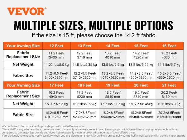 VEVOR rv awning fabric size chart showing options from 12 to 21 feet with fabric and weight details.