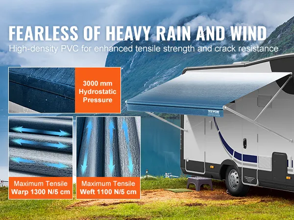 VEVOR rv awning fabric resists heavy rain and wind, features high-density pvc, tensile strength, crack resistance.