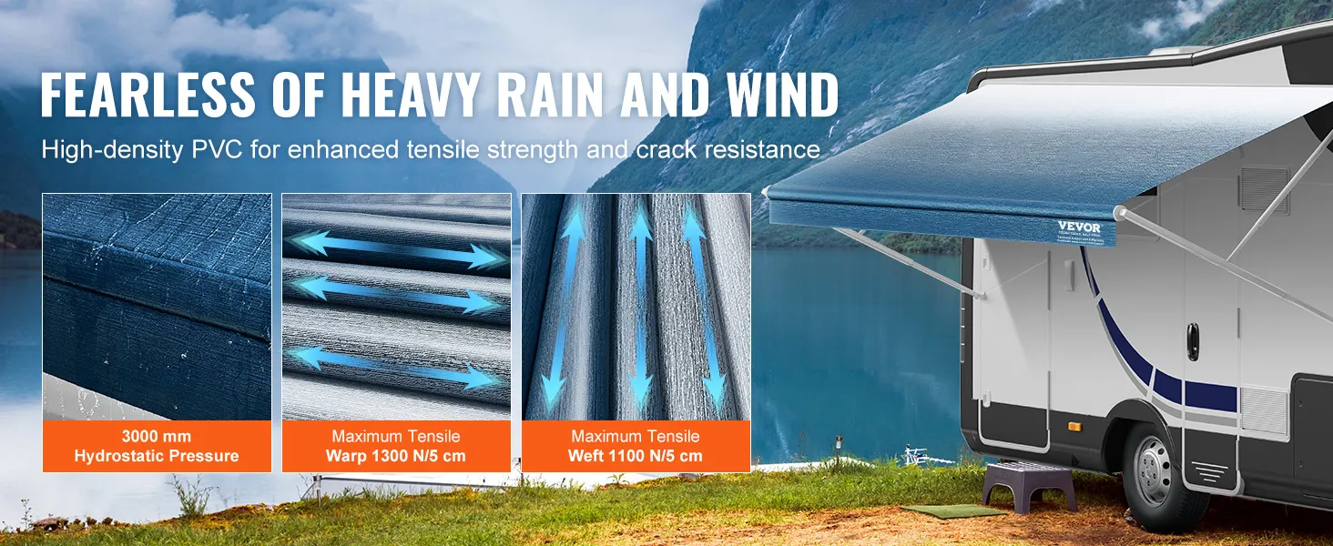 VEVOR rv awning fabric resists heavy rain and wind, features high-density pvc, tensile strength, crack resistance.