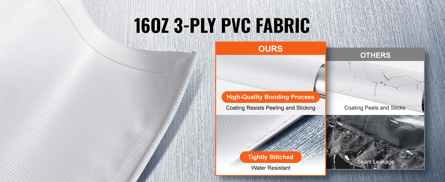VEVOR rv awning fabric, 16oz 3-ply pvc, high-quality bonding, water-resistant, tightly-stitched, no peeling.